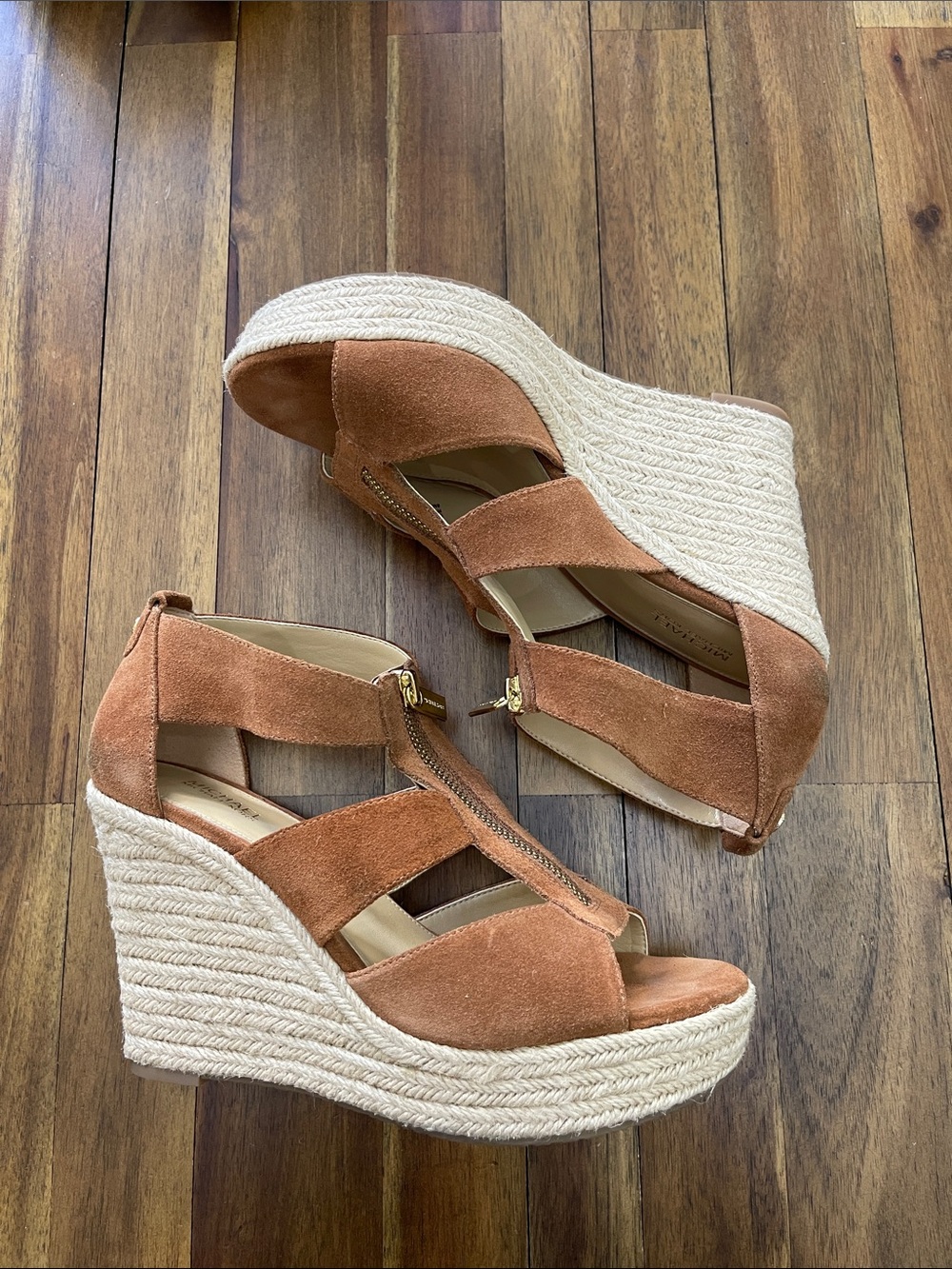 Michael Kors Damita Brown suede espadrille Wedge Sandals with Front Zipper - Picture 5 of 13